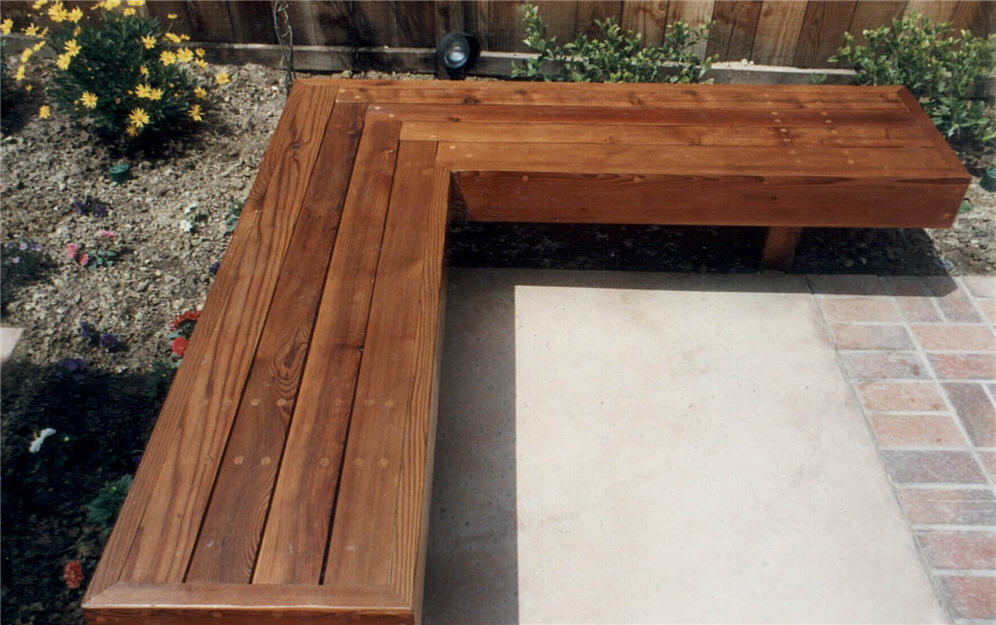 Stained L Shaped Redwood Bench